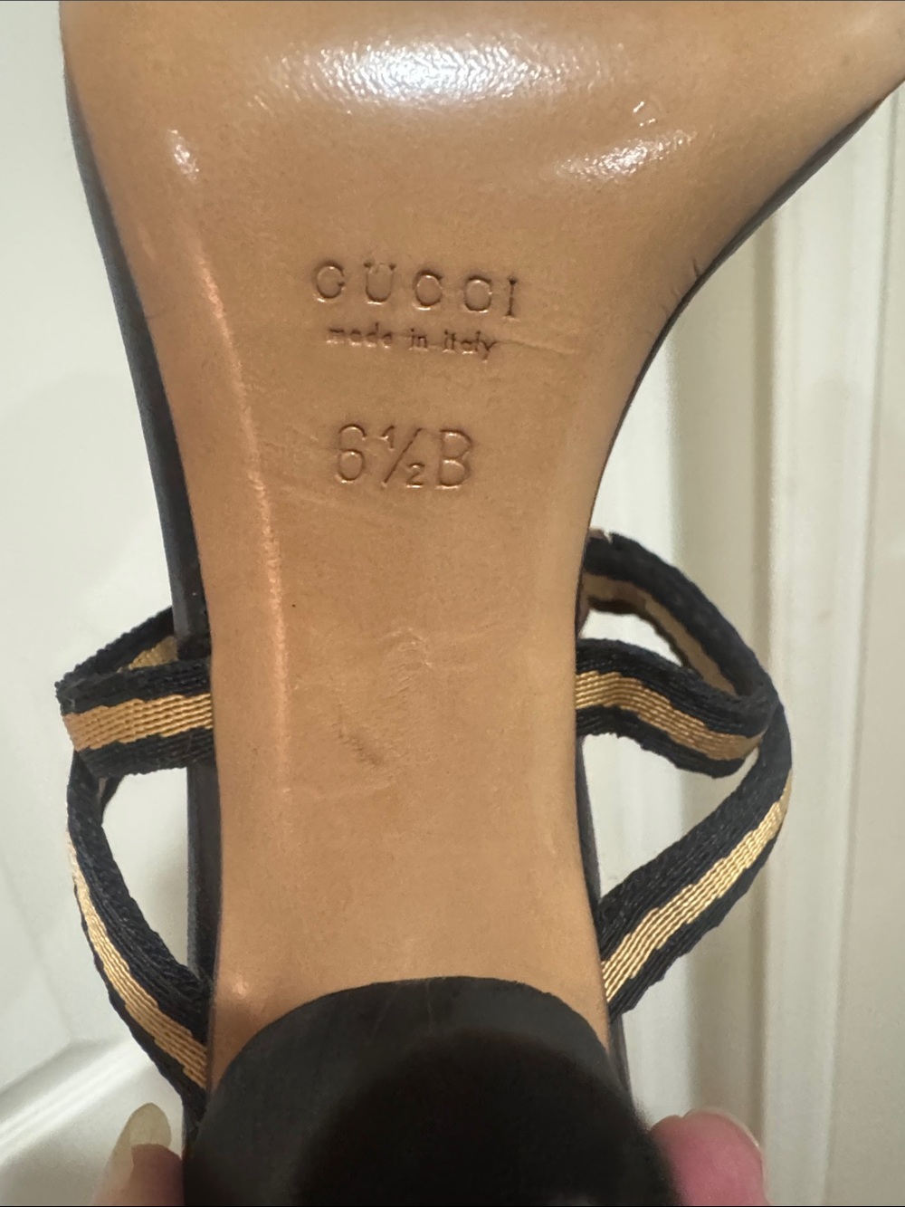 Gucci/Black Leather/Gold FabricT-Strap Heels/Buckle @ Ankle/GOLD GG Accent! 6.5! - Picture 13 of 16